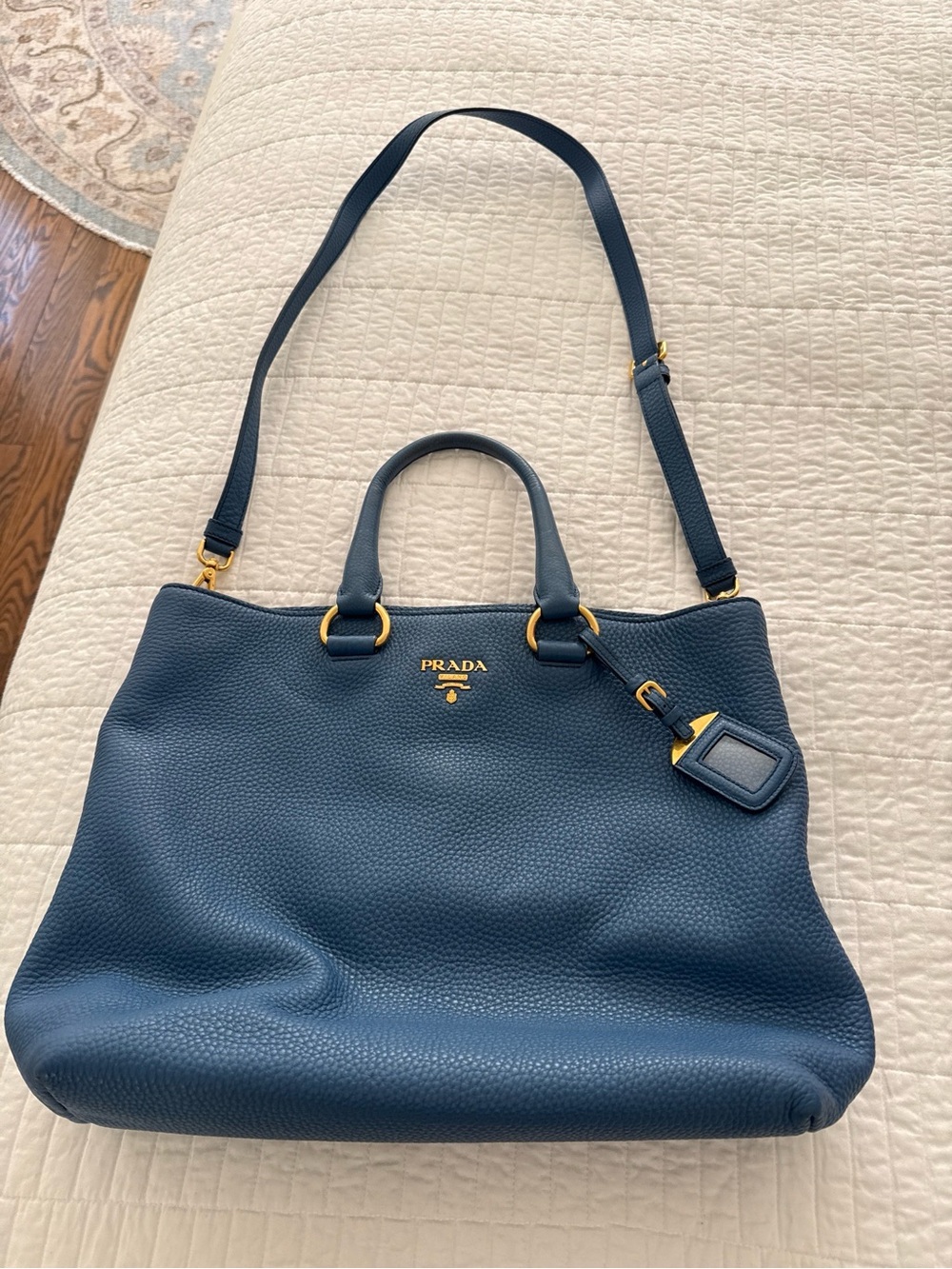 Prada Deep Blue Pebbled Leather Tote with Gold Hardware